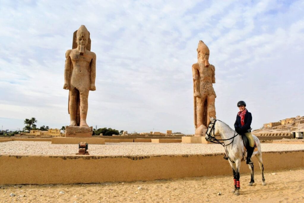 Girl on Horse in Front of Amenhotep Columns in Luxor Egypt